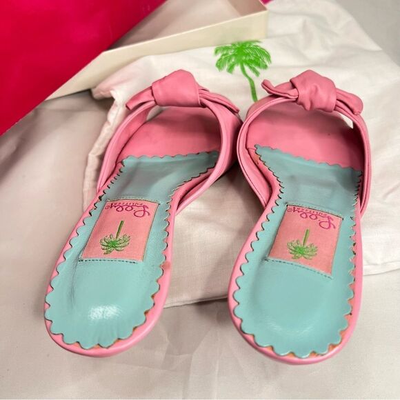 Lilly Pulitzer Women's Napa Sandals Slides Hibiscus Pink Leather Bow Kitten Heel - Picture 8 of 9